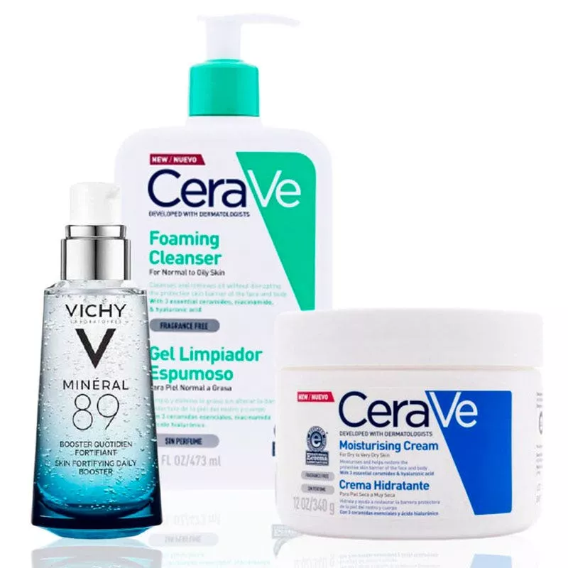 Vichy Kit Unisex Mineral 89 + Cerave Gel Espumoso + Cerave Hidratante